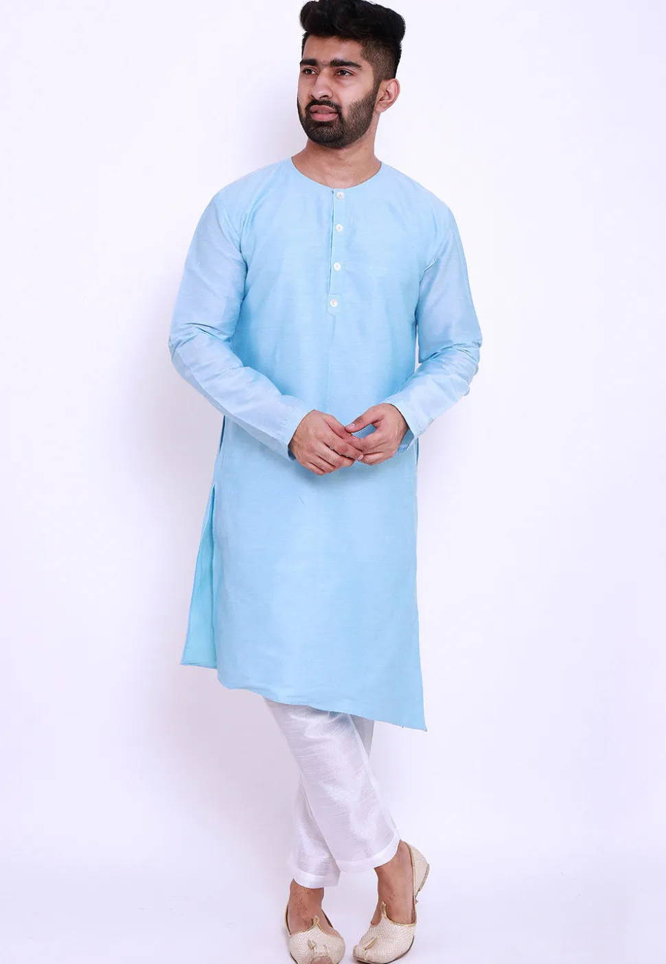 Solid Color Cotton Silk Asymmetric Kurta in Sky Blue