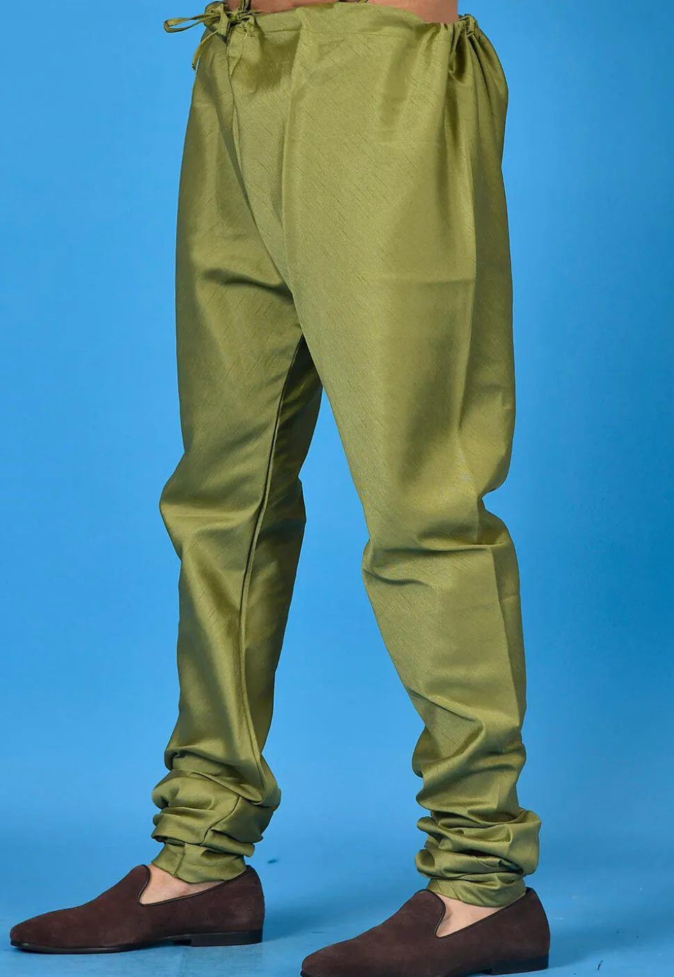 Solid Color Cotton Silk Churidar in Olive Green