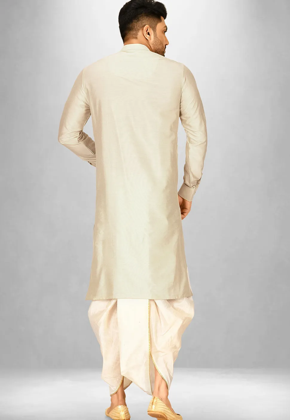 Solid Color Cotton Silk Dhoti Kurta in Light Beige