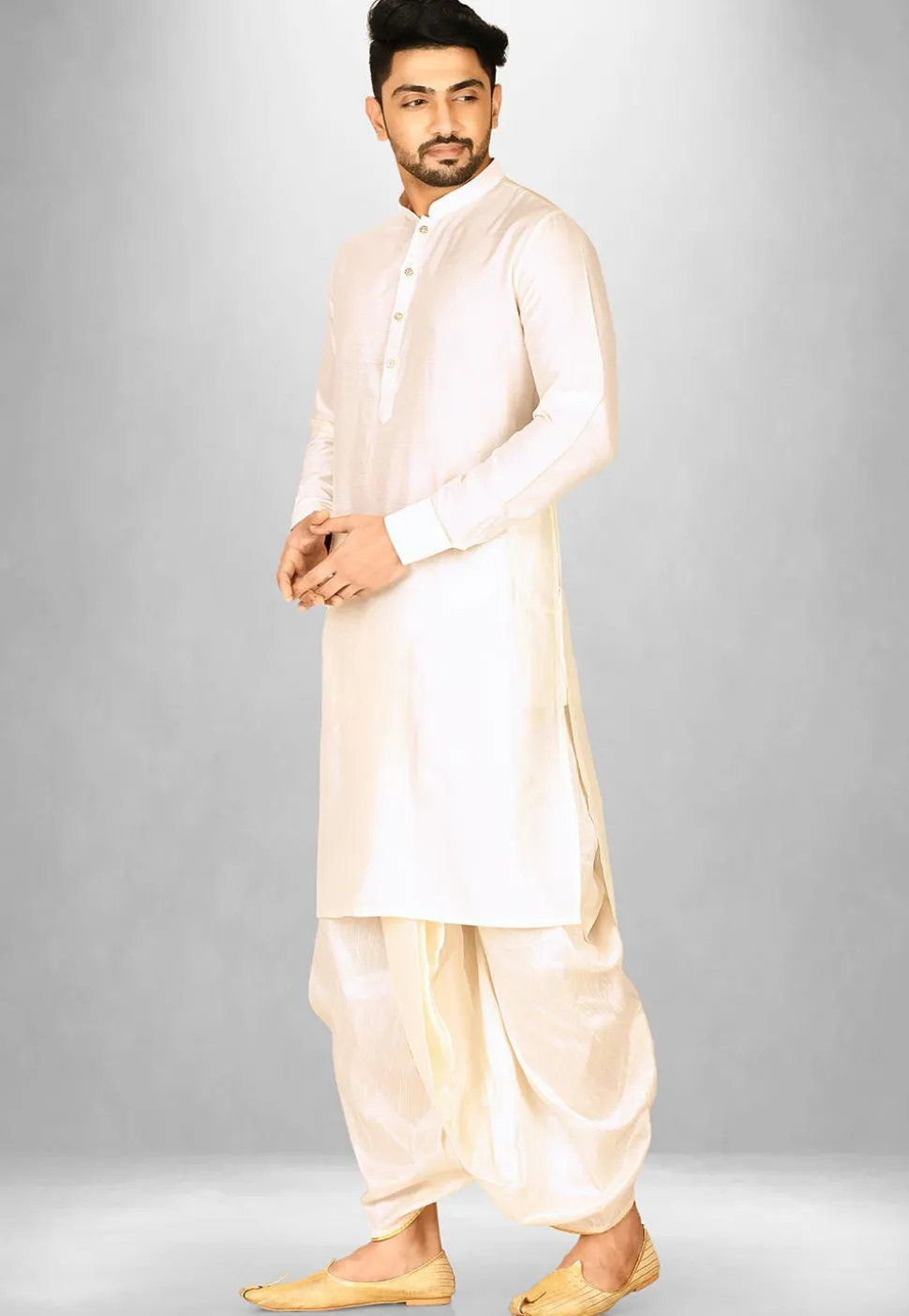 Solid Color Cotton Silk Dhoti Kurta in Off White