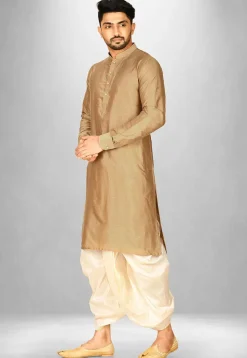 Solid Color Cotton Silk Dhoti Kurta in Dark Beige