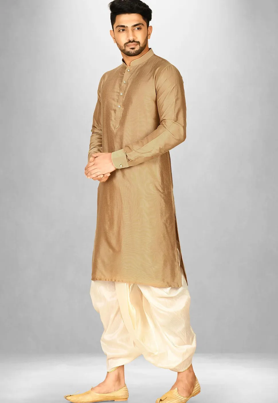 Solid Color Cotton Silk Dhoti Kurta in Dark Beige