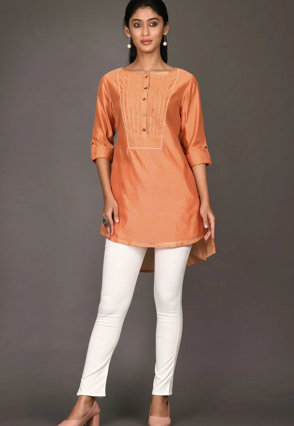 Solid Color Cotton Silk High Low Tunic in Orange