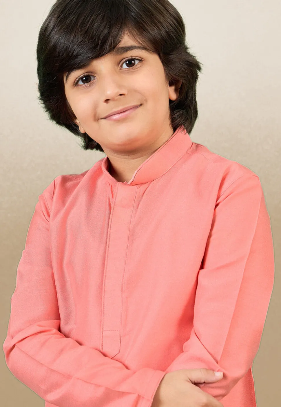 Solid Color Cotton Silk Kurta Set in Peach