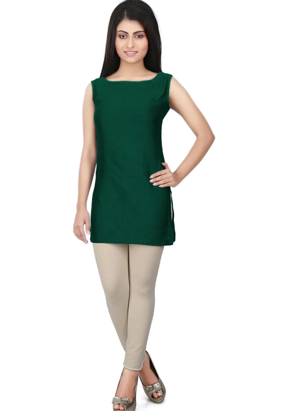 Solid Color Cotton Silk Kurti in Dark Green