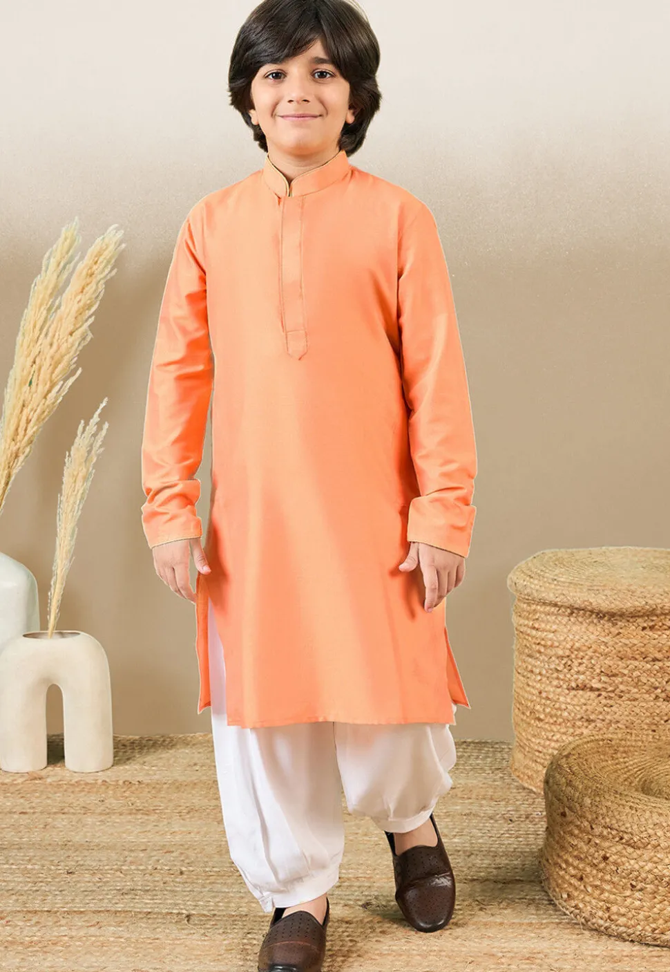 Solid Color Cotton Silk Kurta Set in Orange