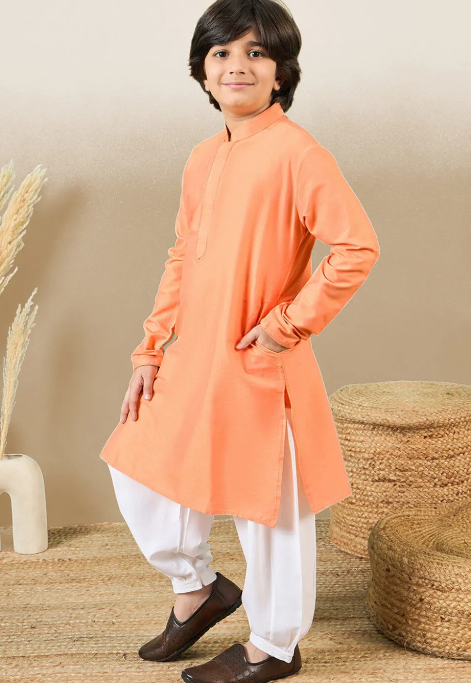 Solid Color Cotton Silk Kurta Set in Orange