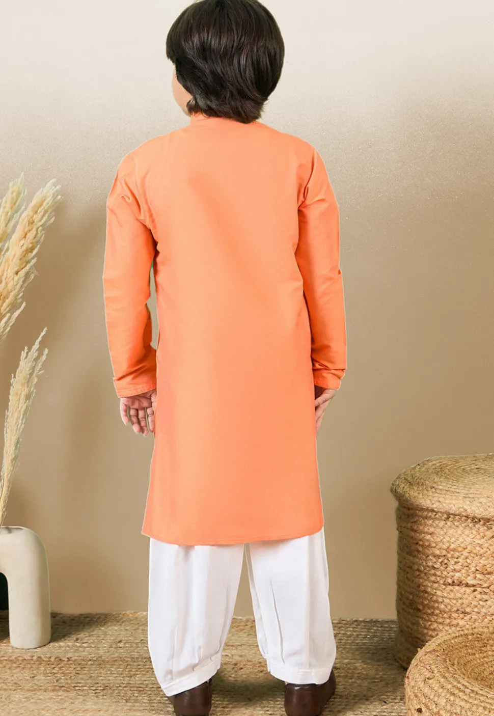 Solid Color Cotton Silk Kurta Set in Orange
