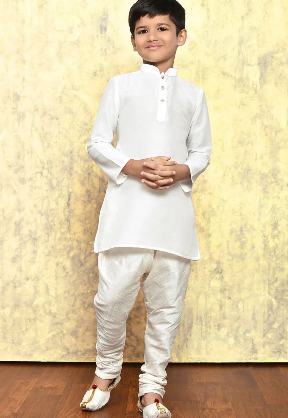 Solid Color Cotton Silk Kurta Set in White