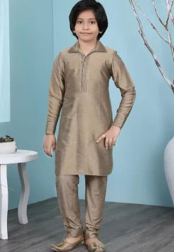 Solid Color Cotton Silk Kurta Set in Fawn