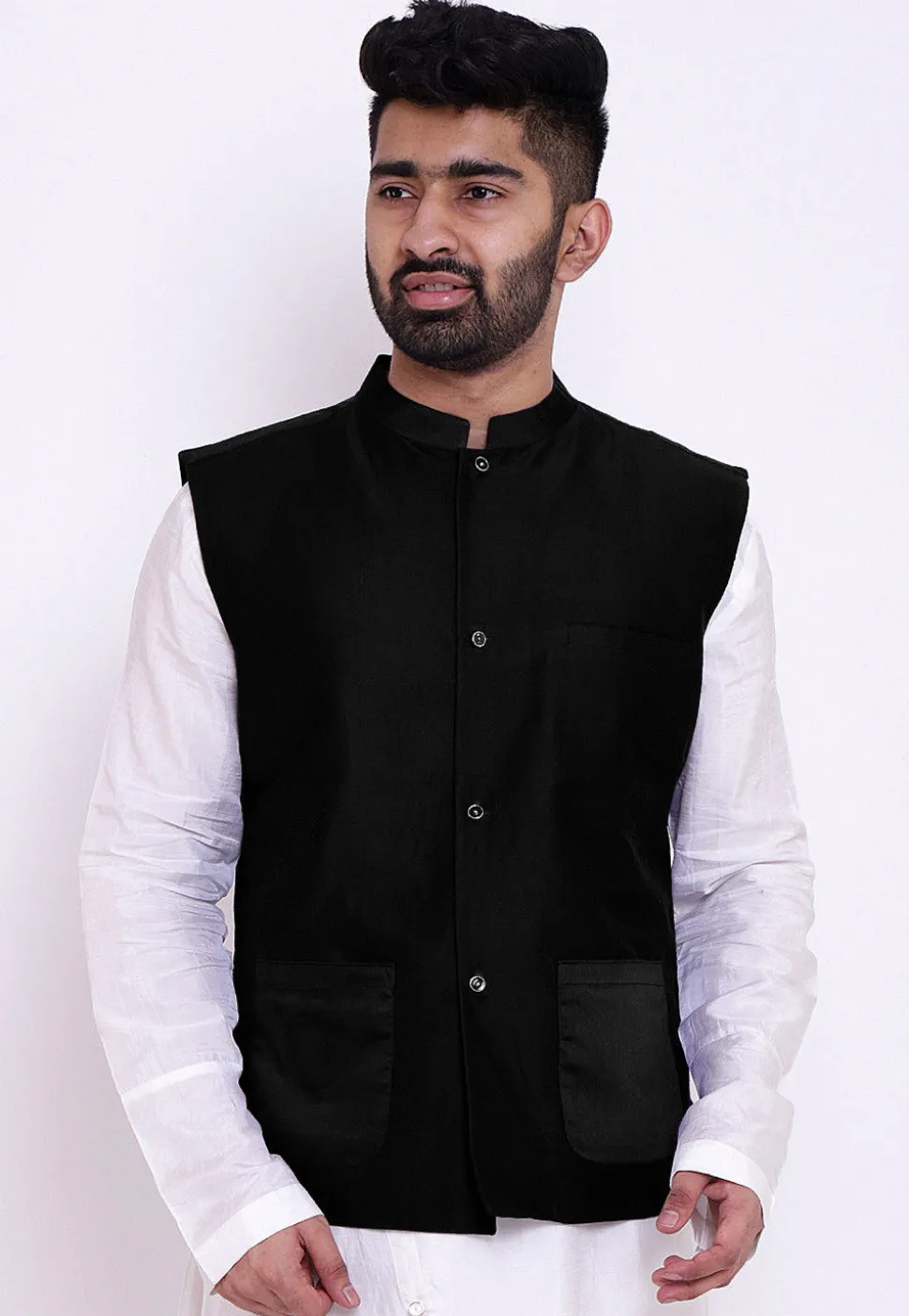 Solid Color Cotton Silk Nehru Jacket in Black