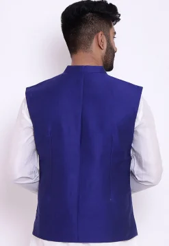 Solid Color Cotton Silk Nehru Jacket in Royal Blue