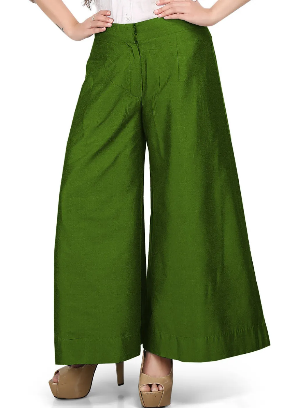Solid Color Cotton Silk Palazzo in Olive Green