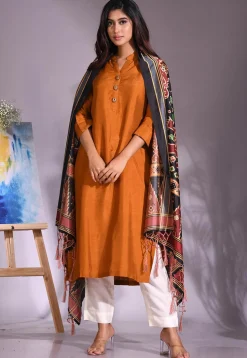 Solid Color Cotton Silk Slub Straight Suit in Mustard