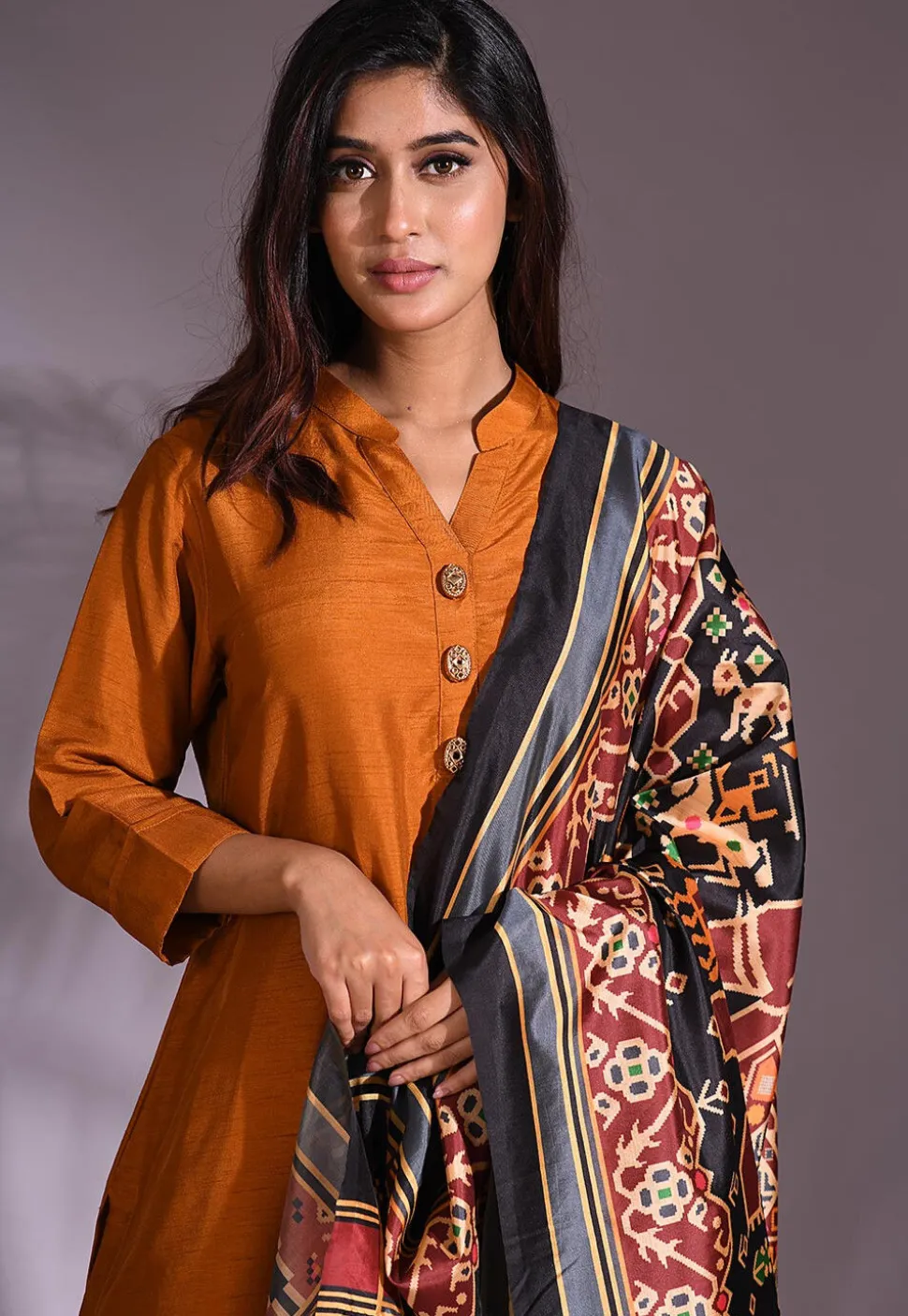 Solid Color Cotton Silk Slub Straight Suit in Mustard