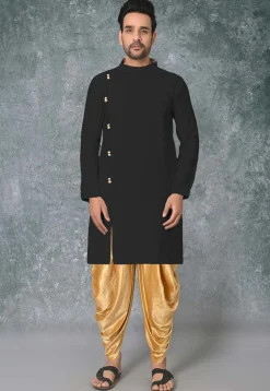 Solid Color Cotton Silk Side Open Straight Kurta in Black