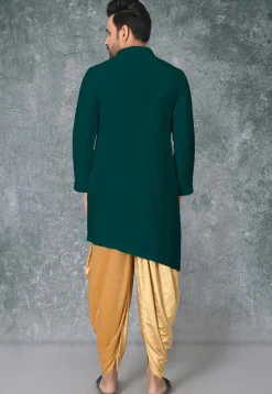 Solid Color Cotton Silk Side Slit Kurta in Dark Green
