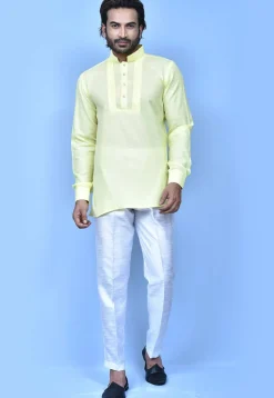 Solid Color Cotton Silk Short Kurta in Yellow