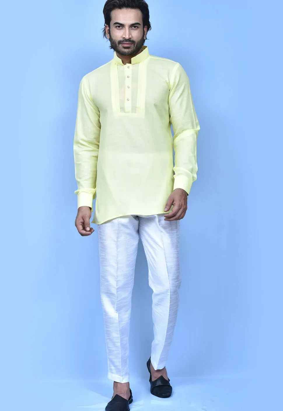 Solid Color Cotton Silk Short Kurta in Yellow