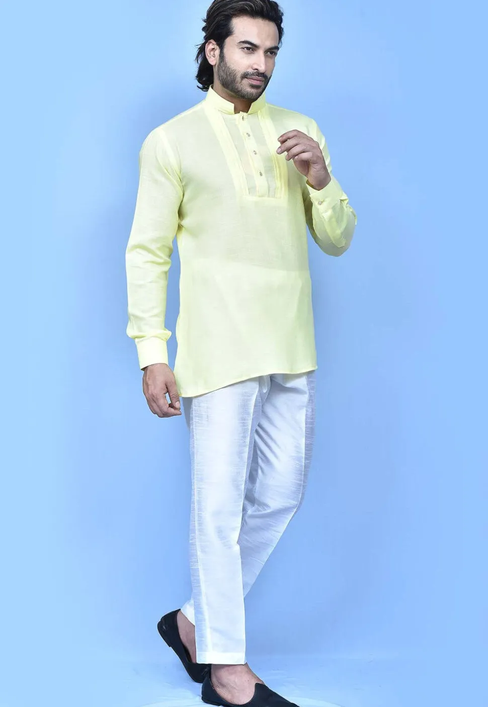 Solid Color Cotton Silk Short Kurta in Yellow
