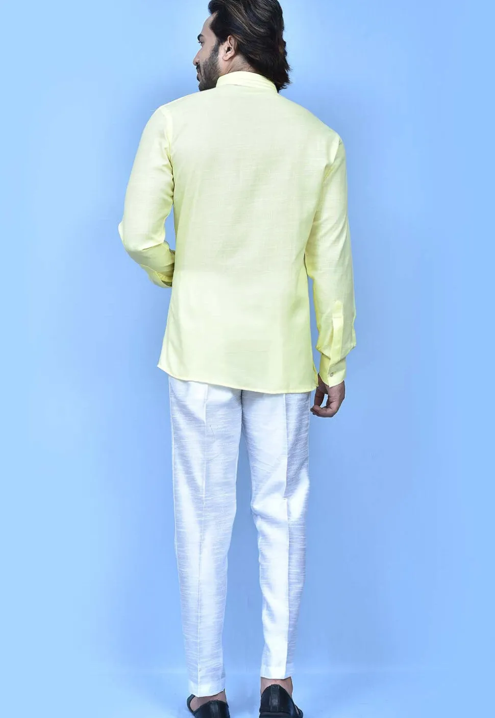 Solid Color Cotton Silk Short Kurta in Yellow