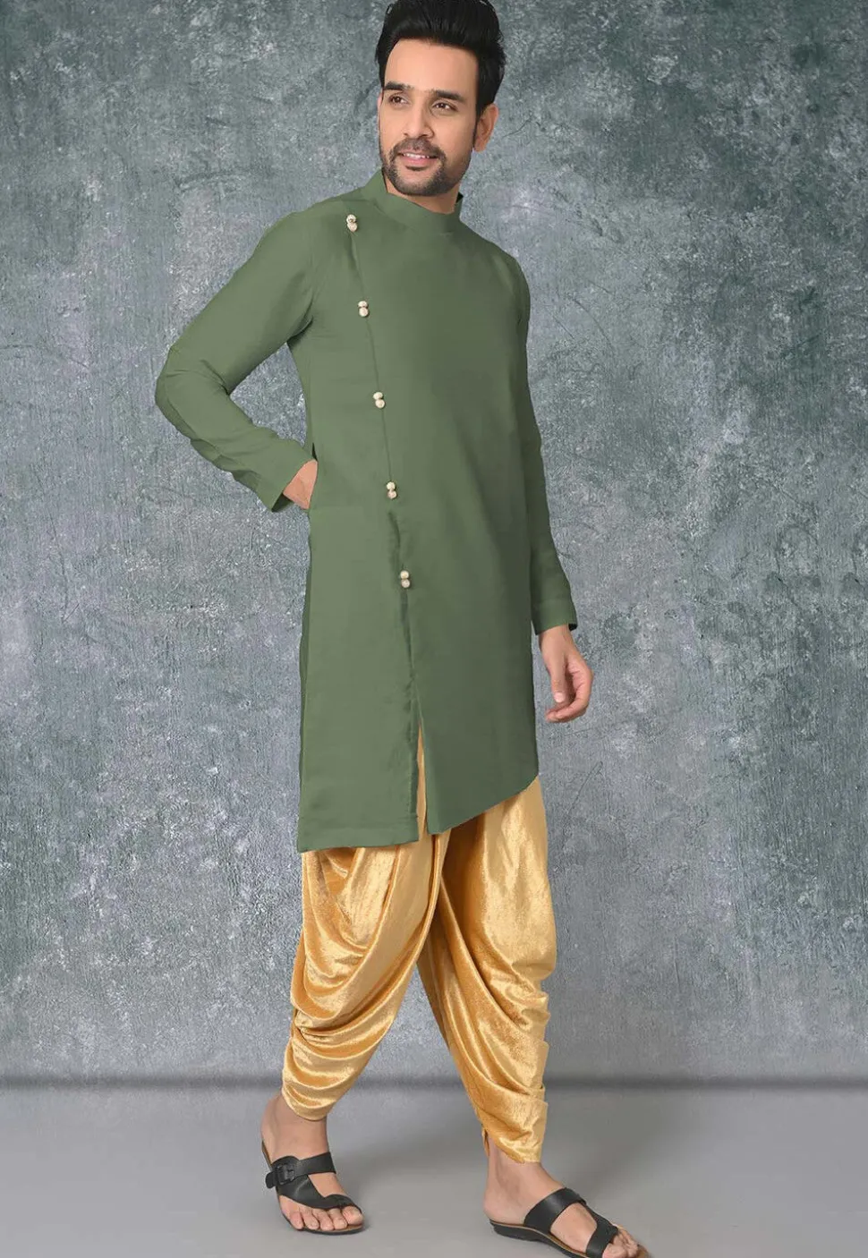 Solid Color Cotton Silk Side Slit Kurta in Dusty Green
