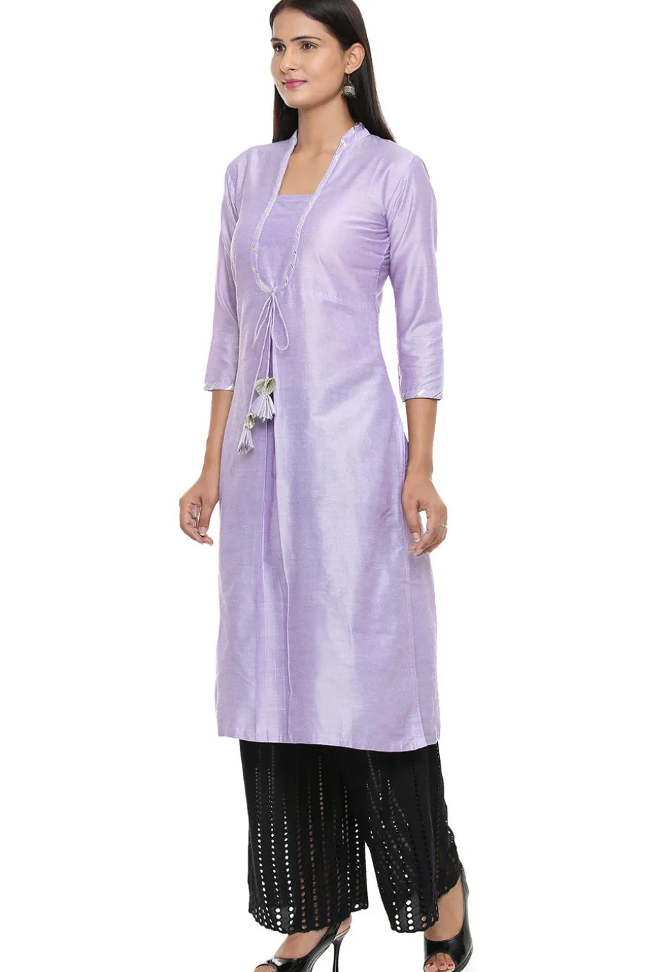 Solid Color Cotton Silk Straight Kurta in Light Purple