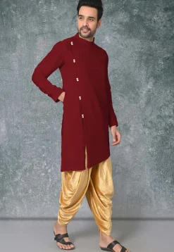 Solid Color Cotton Silk Side Slit Asymmetric Kurta in Maroon