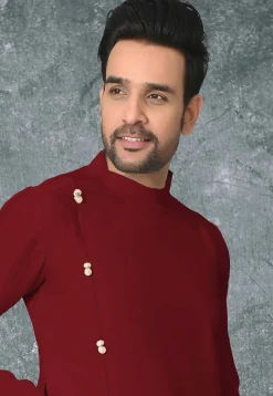 Solid Color Cotton Silk Side Slit Asymmetric Kurta in Maroon