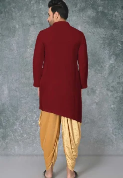 Solid Color Cotton Silk Side Slit Asymmetric Kurta in Maroon