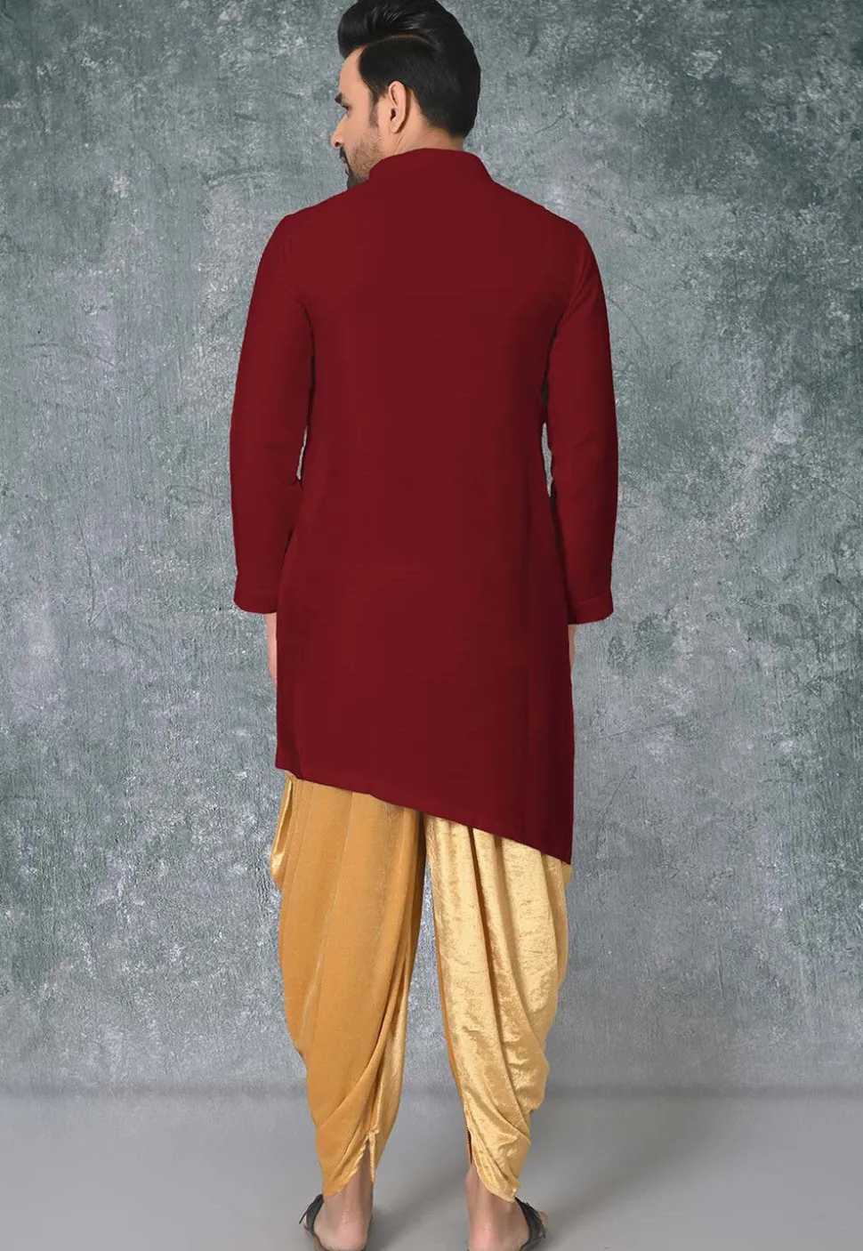 Solid Color Cotton Silk Side Slit Asymmetric Kurta in Maroon