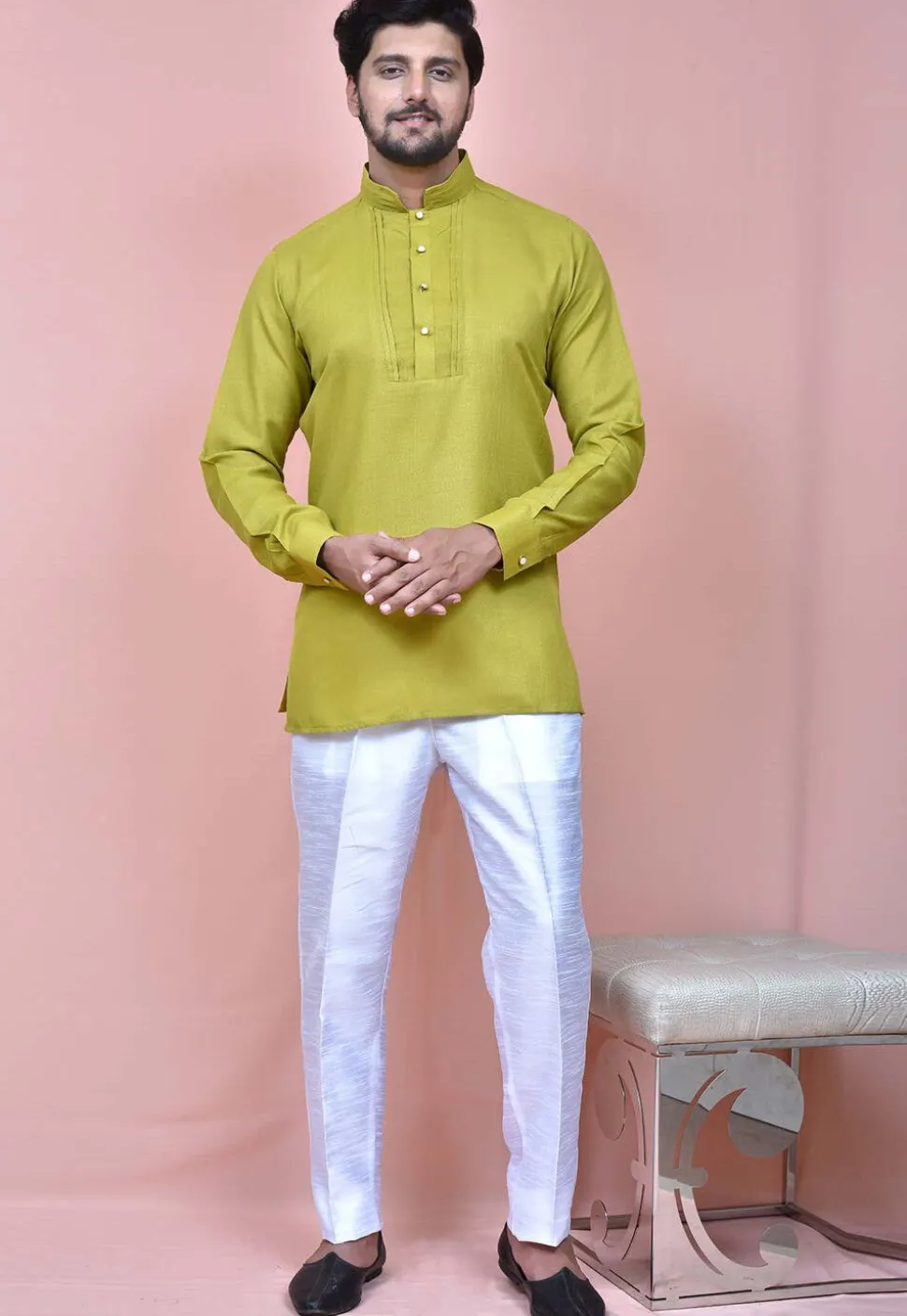 Solid Color Cotton Silk Short Kurta in Olive Green