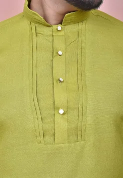 Solid Color Cotton Silk Short Kurta in Olive Green