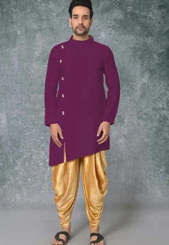 Solid Color Cotton Silk Side Slit Asymmetric Kurta in Magenta