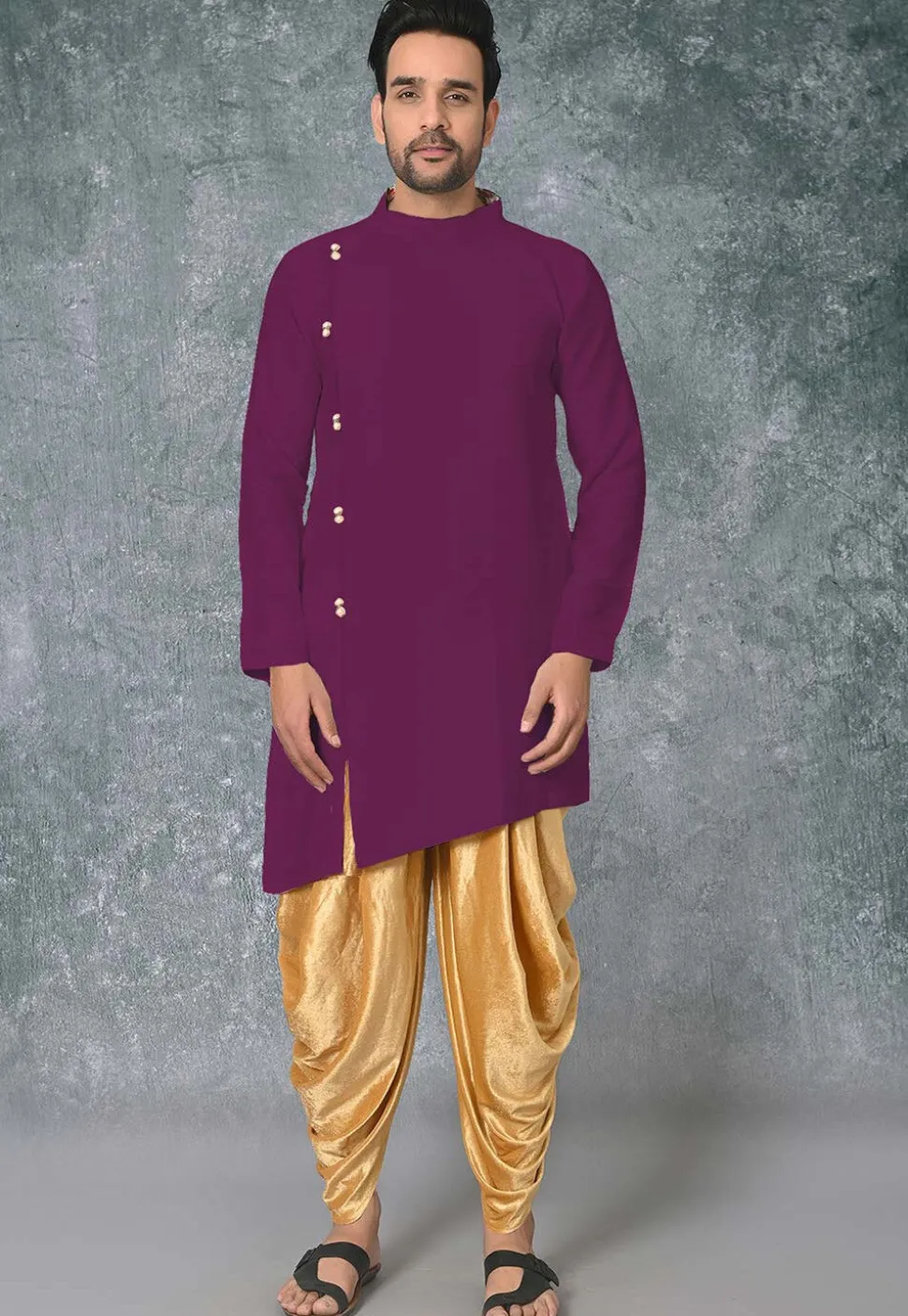 Solid Color Cotton Silk Side Slit Asymmetric Kurta in Magenta