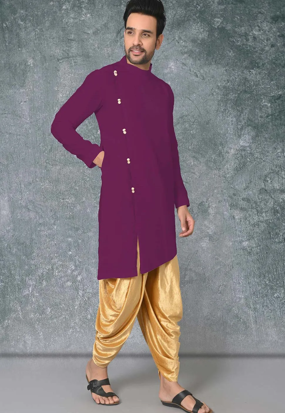 Solid Color Cotton Silk Side Slit Asymmetric Kurta in Magenta