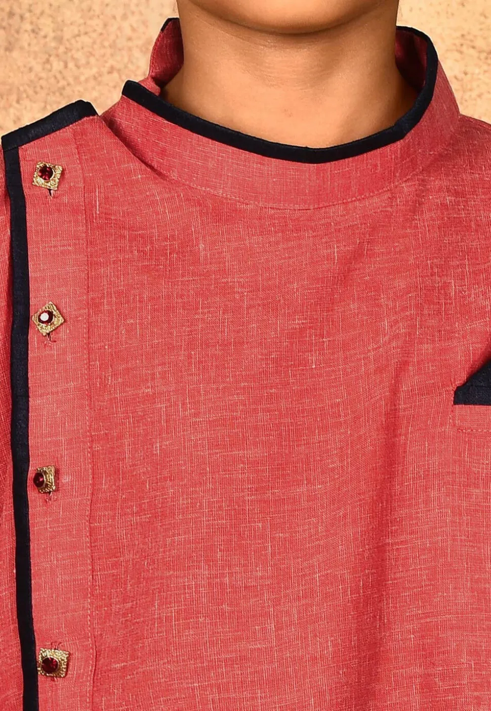 Solid Color Cotton Slub Asymmetric Kurta Set in Red