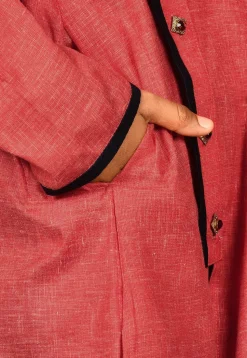 Solid Color Cotton Slub Asymmetric Kurta Set in Red