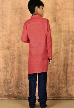 Solid Color Cotton Slub Asymmetric Kurta Set in Red