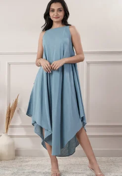 Solid Color Cotton Slub Asymmetric Dress in Light Blue