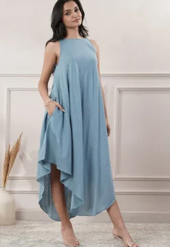 Solid Color Cotton Slub Asymmetric Dress in Light Blue