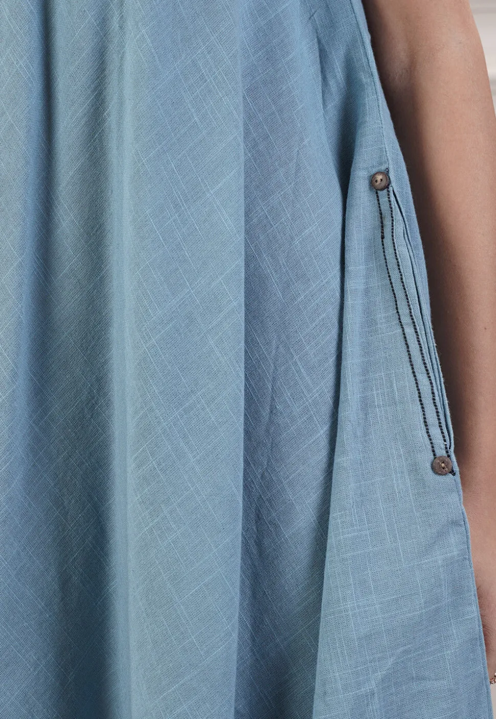 Solid Color Cotton Slub Asymmetric Dress in Light Blue