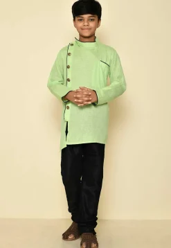 Solid Color Cotton Slub Asymmetric Kurta Set in Light Green