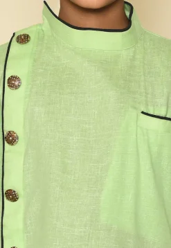 Solid Color Cotton Slub Asymmetric Kurta Set in Light Green