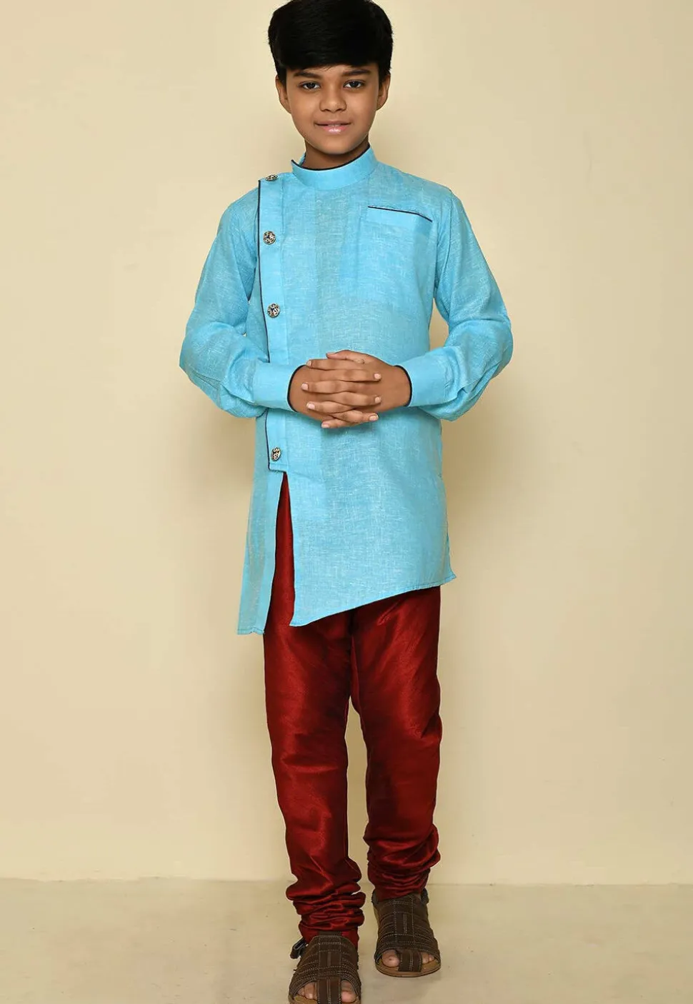 Solid Color Cotton Slub Asymmetric Kurta Set in Sky Blue