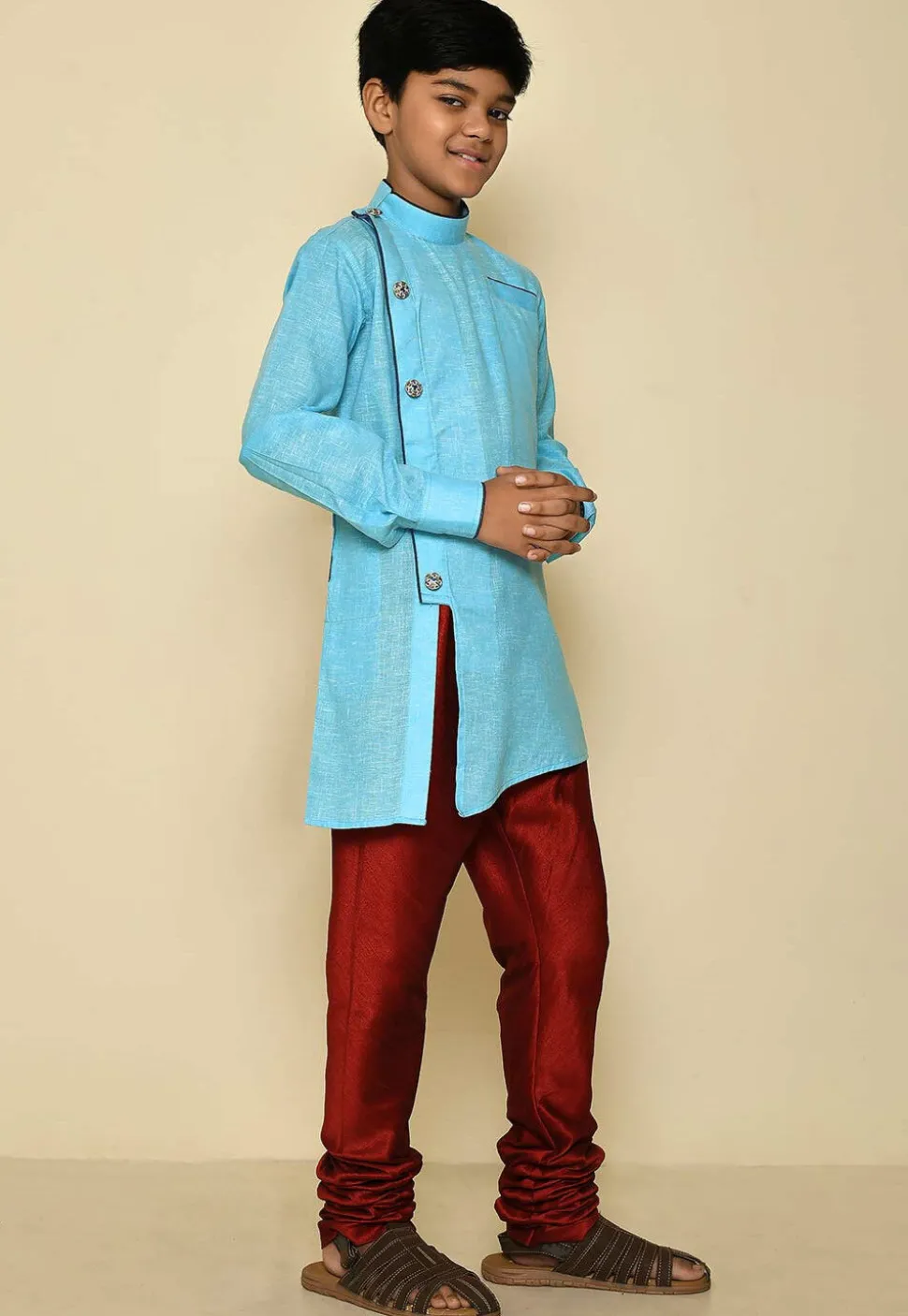 Solid Color Cotton Slub Asymmetric Kurta Set in Sky Blue