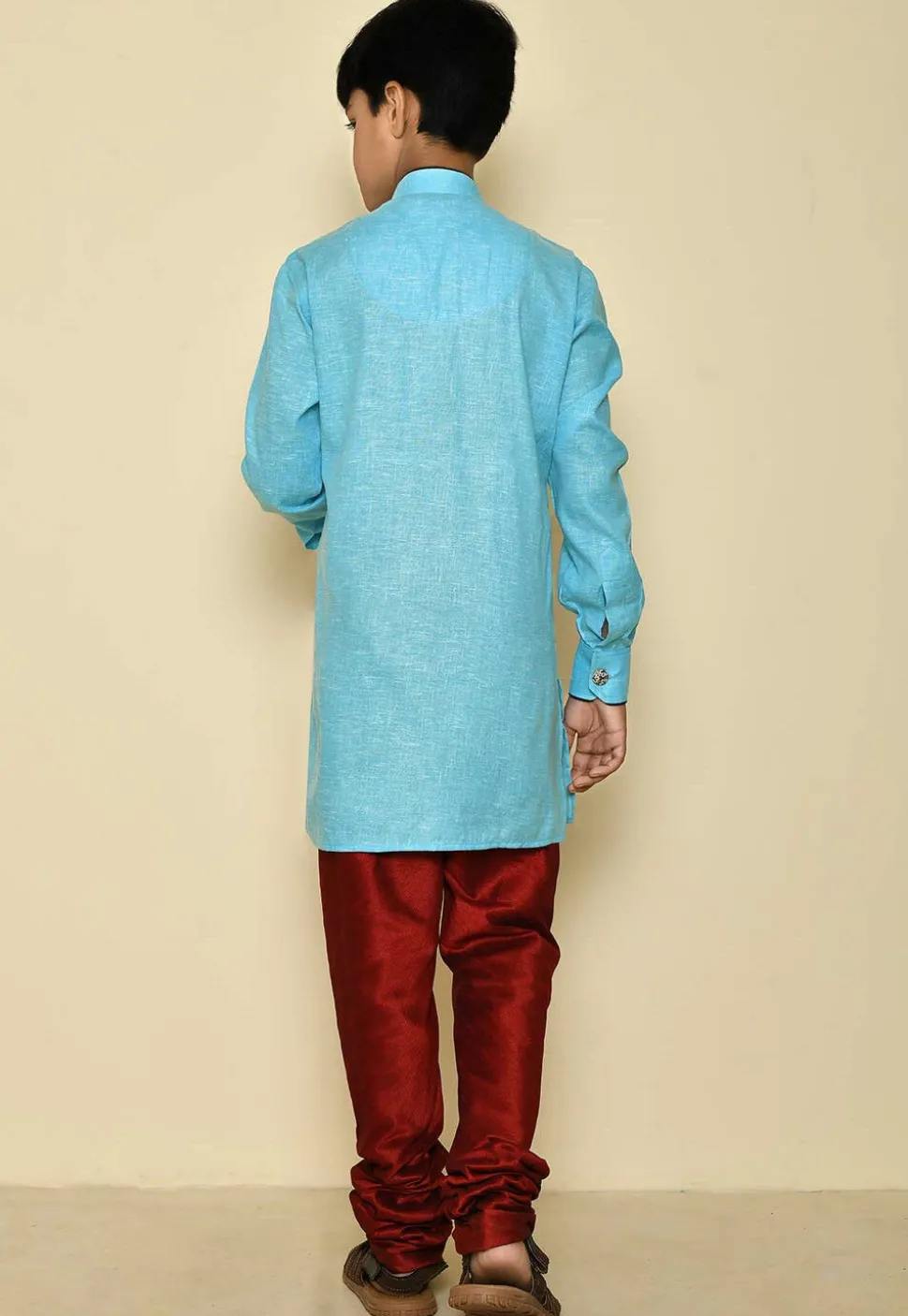 Solid Color Cotton Slub Asymmetric Kurta Set in Sky Blue