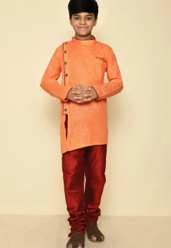 Solid Color Cotton Slub Asymmetric Kurta Set in Orange