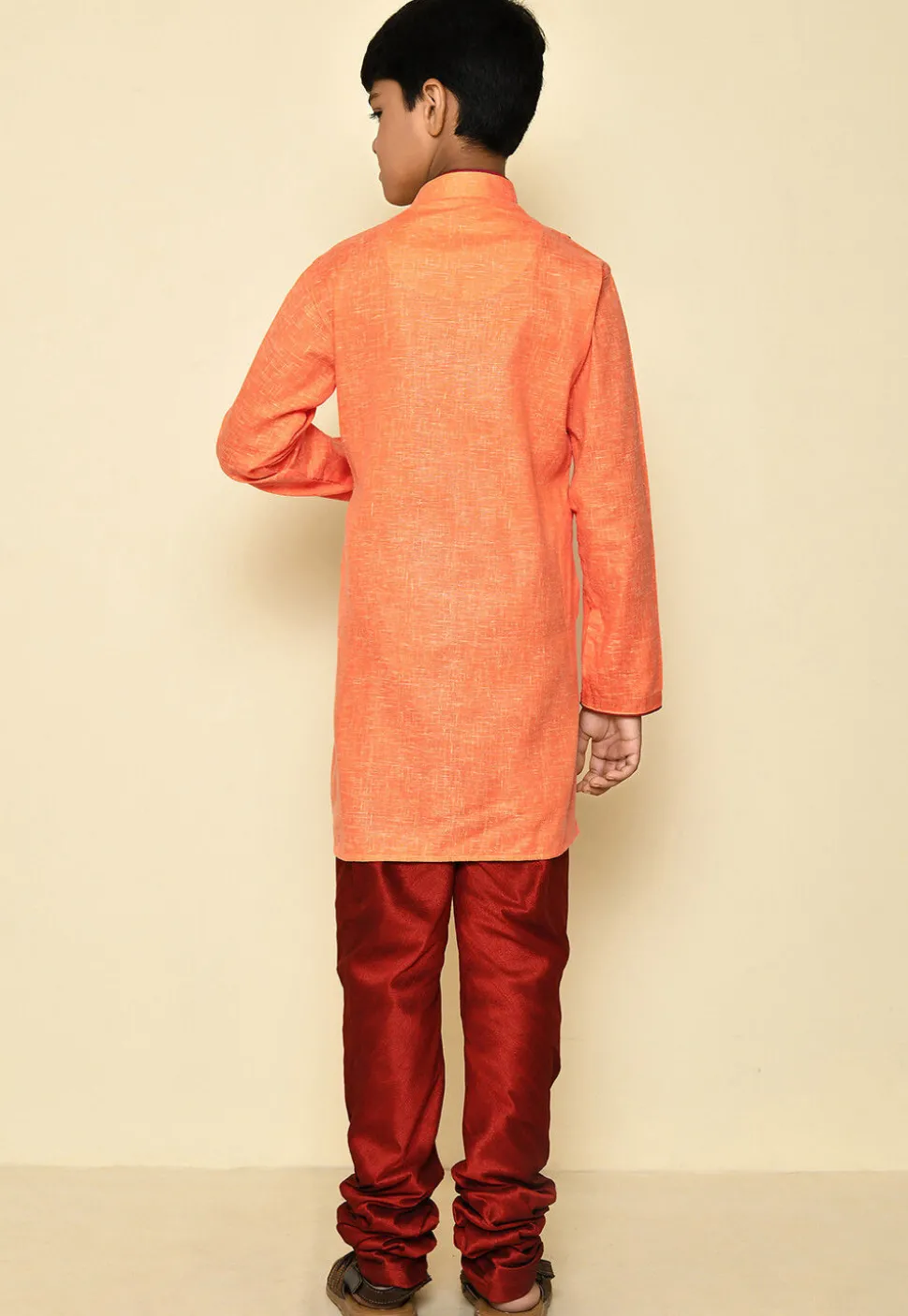 Solid Color Cotton Slub Asymmetric Kurta Set in Orange