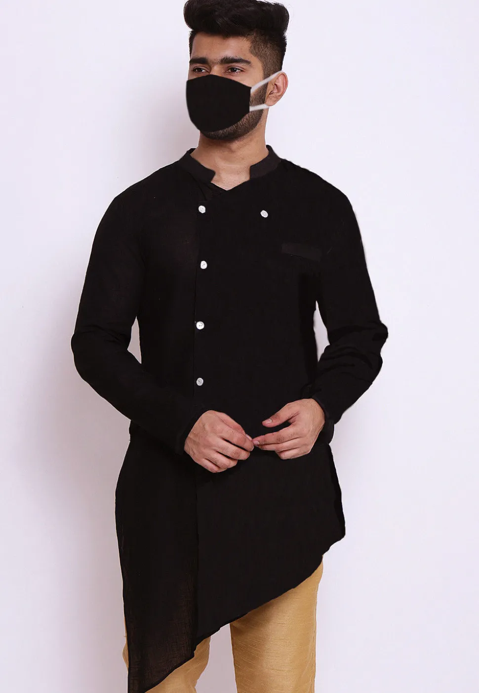 Solid Color Cotton Slub Asymmetric Kurta in Black